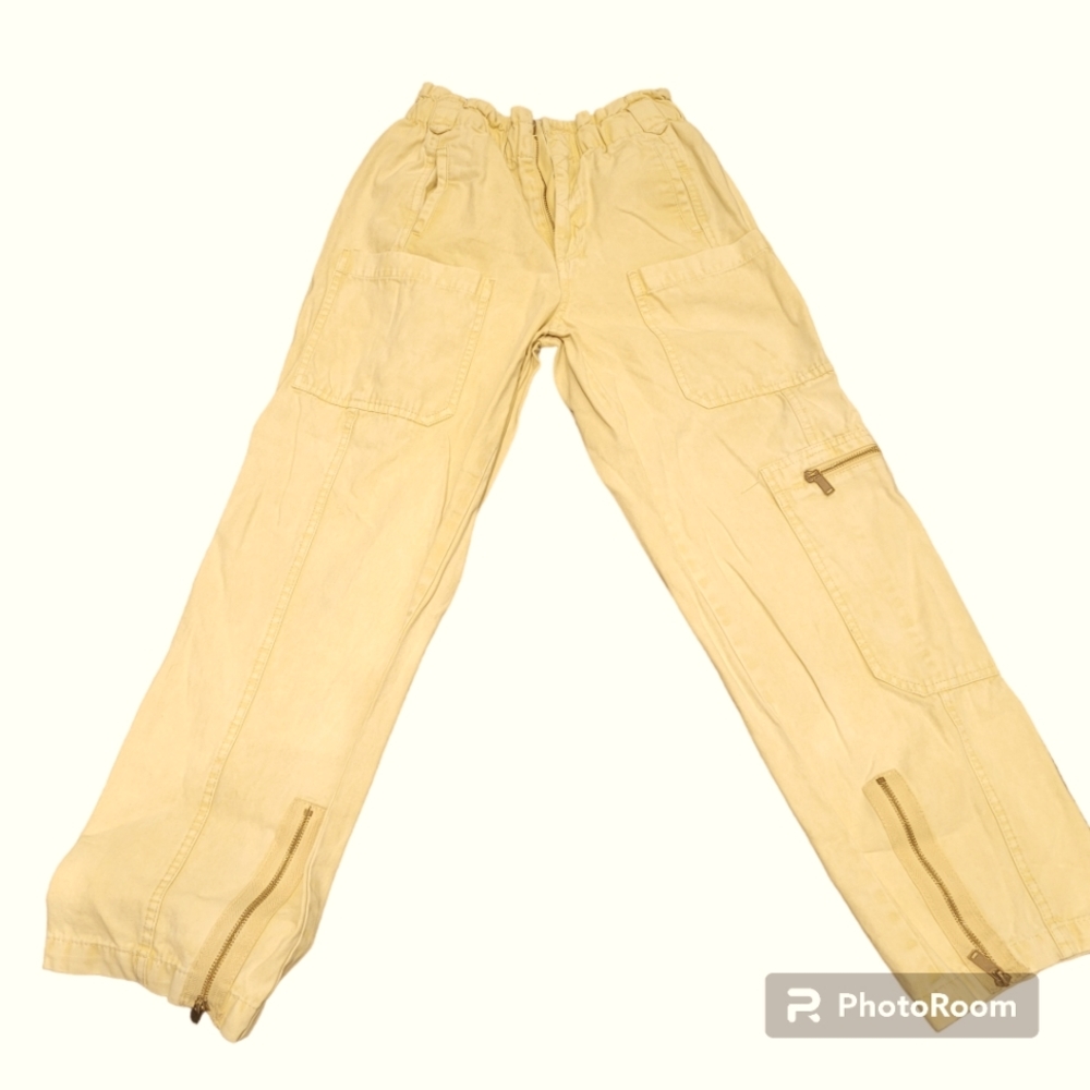 Forever 21 Paperbag Cargo Elastic Waist Cream Denim Zippered Pants Small